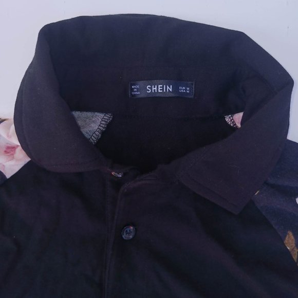 Shein Men's Size M Black Rose Short Sleeve Polo Shirt - Picture 4 of 8